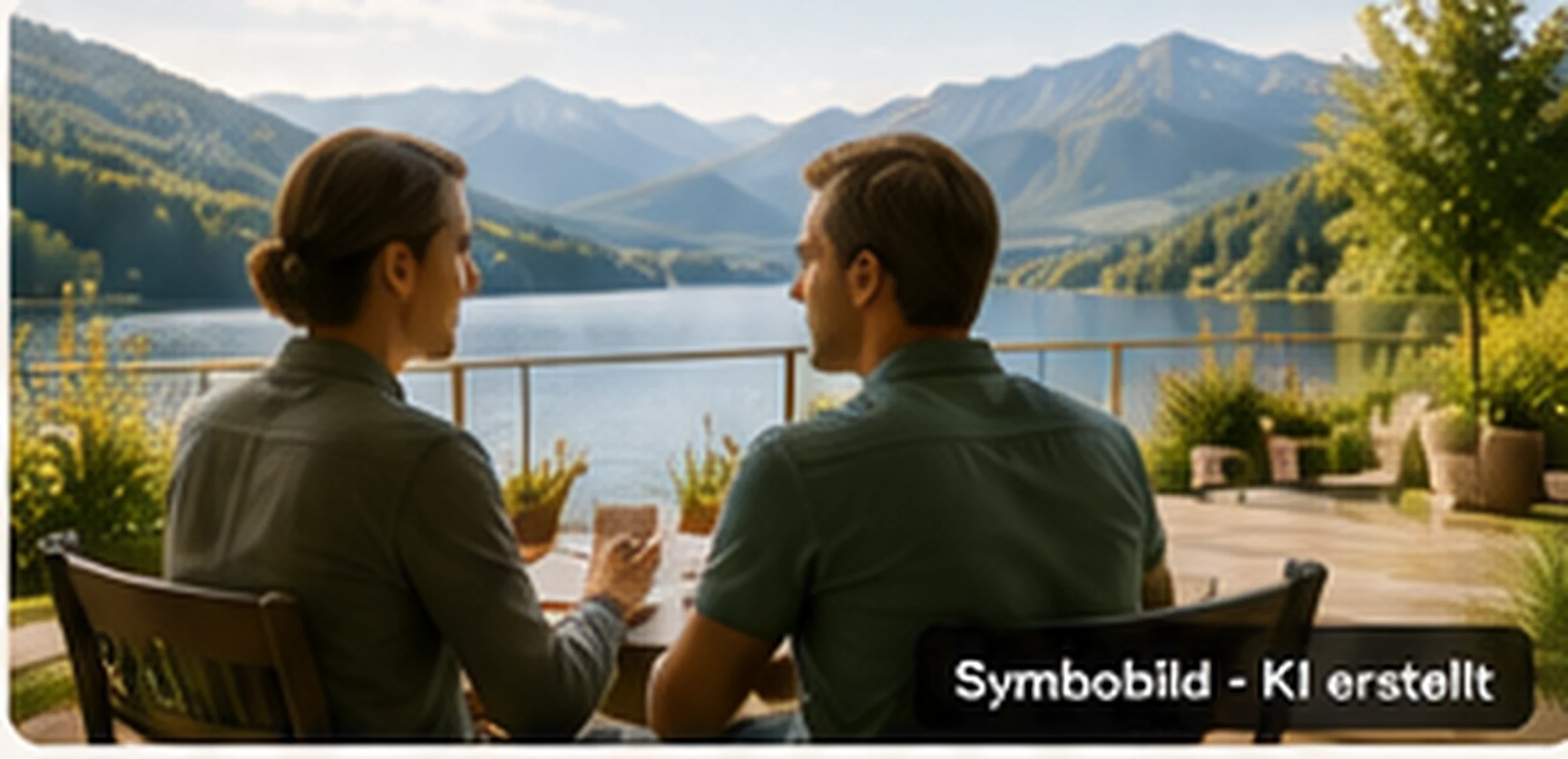 Zwei Personen im Gespräch auf einer Terrasse mit österreichischer Landschaft